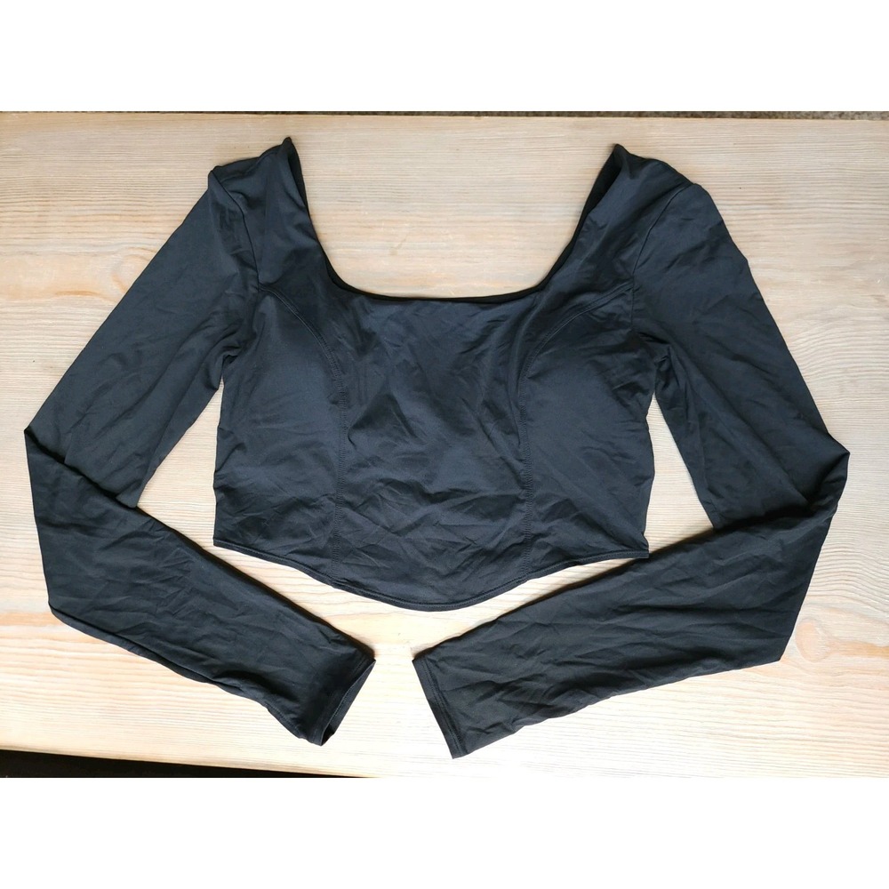 Joy Lab Womens M Corset Shape Cropped Top Long Sleeve Black Active Yoga Stretchy